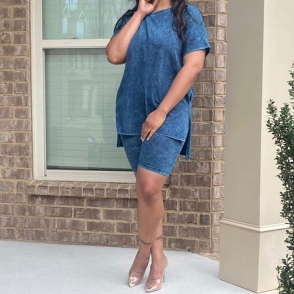 Pants - Biker short set. Mineral washed aqua blue. Small